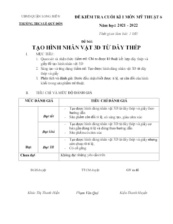 Đề kiểm tra cuối kì I môn Mỹ thuật Lớp 6 - Năm học 2021-2022 - Kiều Thanh Huyền (Có đáp án)