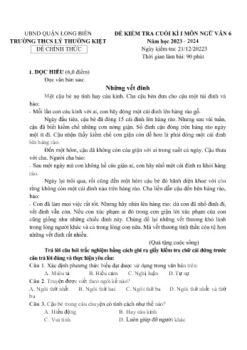 Đề kiểm tra cuối kì I môn Ngữ văn Lớp 6 - Năm học 2023-2024 - Trường THCS Lý Thường Kiệt