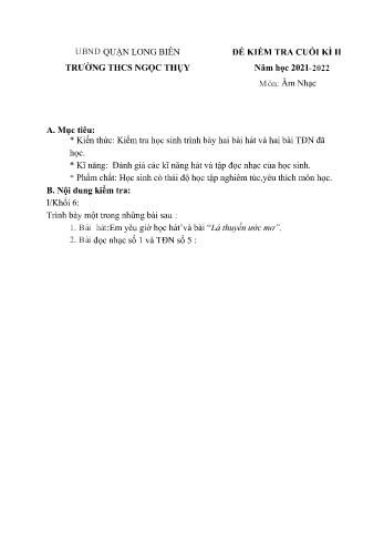 Đề kiểm tra cuối kì II môn Âm nhạc Lớp 6 - Năm học 2021-2022 - Trường THCS Ngọc Thụy