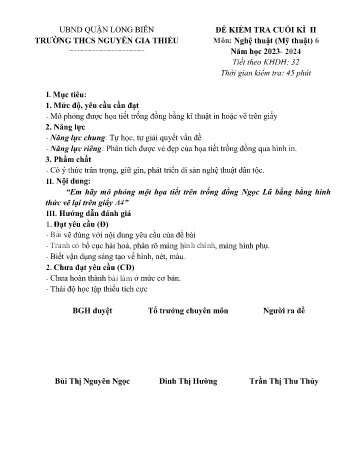 Đề kiểm tra cuối kì II môn Mĩ thuật Lớp 6 - Năm học 2023-2024 - Trần Thị Thu Thủy (Có đáp án)