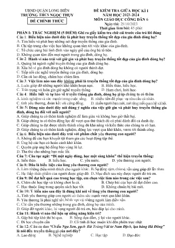 Đề kiểm tra giữa học kì I môn Giáo dục công dân Lớp 6 - Năm học 2023-2024 - Trường THCS Ngọc Thụy