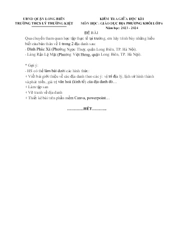 Đề kiểm tra giữa học kì I môn Giáo dục địa phương Lớp 6 - Năm học 2023-2024 - Trường THCS Lý Thường Kiệt