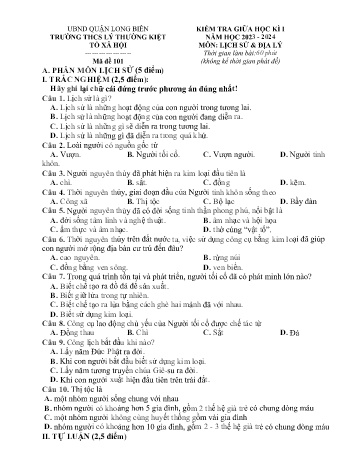 Đề kiểm tra giữa học kì I môn Lịch sử & Địa lý Lớp 6 - Năm học 2023-2024 - Trường THCS Lý Thường Kiệt