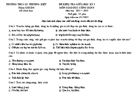 Đề kiểm tra giữa học kỳ I môn Giáo dục công dân Lớp 6 - Năm học 2021-2022 - Trường THCS Lý Thường Kiệt (Có đáp án)