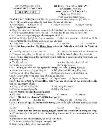 Đề kiểm tra giữa học kỳ I môn Lịch sử và Địa lý Lớp 6 - Năm học 2023-2024 - Trường THCS Ngọc Thụy