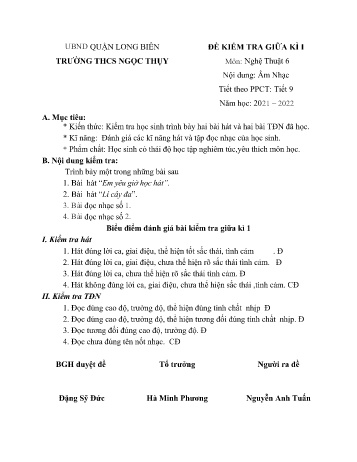 Đề kiểm tra giữa kì I môn Âm nhạc Lớp 6 - Năm học 2021-2022 - Nguyễn Anh Tuấn (Có đáp án)