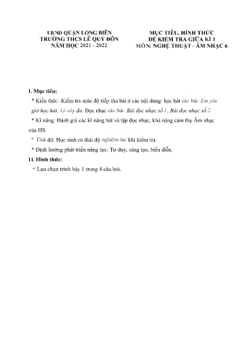 Đề kiểm tra giữa kì I môn Âm nhạc Lớp 6 - Năm học 2021-2022 - Trường THCS Lê Quý Đôn