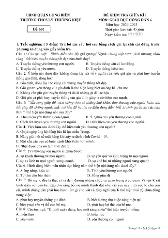 Đề kiểm tra giữa kì I môn Giáo dục công dân Lớp 6 - Năm học 2023-2024 - Trường THCS Lý Thường Kiệt