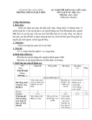 Đề kiểm tra giữa kì I môn Lịch sử và Địa lí Lớp 6 - Năm học 2021-2022 - Hoàng Thị Luyến (Có đáp án)