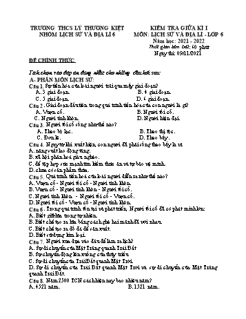Đề kiểm tra giữa kì I môn Lịch sử và Địa lí Lớp 6 - Năm học 2021-2022 - Trường THCS Lý Thường Kiệt (Có đáp án)