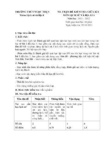 Đề kiểm tra giữa kì I môn Lịch sử và Địa lí Lớp 6 - Năm học 2021-2022 - Nguyễn Thu Thủy (Có đáp án)
