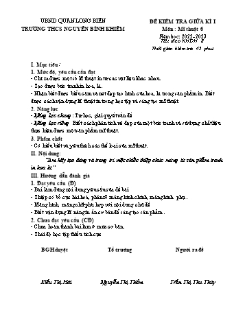 Đề kiểm tra giữa kì I môn Mĩ thuật Lớp 6 - Năm học 2022-2023 - Trần Thị Thu Thủy (Có đáp án)