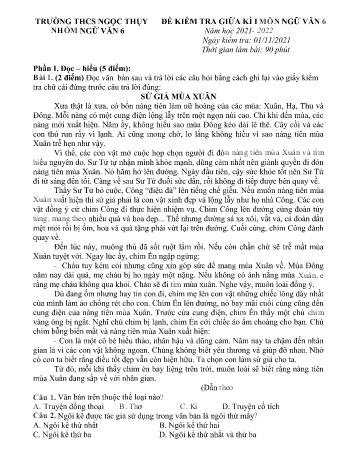 Đề kiểm tra giữa kì I môn Ngữ văn Lớp 6 - Năm học 2021-2022 - Trường THCS Ngọc Thụy (Có đáp án)