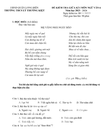 Đề kiểm tra giữa kì I môn Ngữ văn Lớp 6 - Năm học 2023-2024 - Trường THCS Lý Thường Kiệt