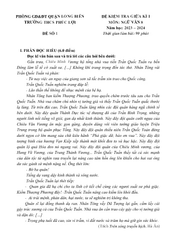 Đề kiểm tra giữa kì I môn Ngữ văn Lớp 6 - Năm học 2023-2024 - Trường THCS Phúc Lợi