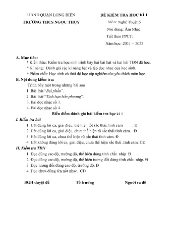 Đề kiểm tra học kì I môn Âm nhạc Lớp 6 - Năm học 2021-2022 - Trường THCS Ngọc Thụy (Có đáp án)