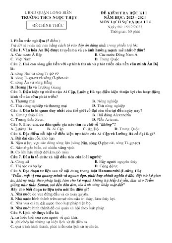 Đề kiểm tra học kì I môn Lịch sử và Địa lí Lớp 6 - Năm học 2023-2024 - Trường THCS Ngọc Thụy