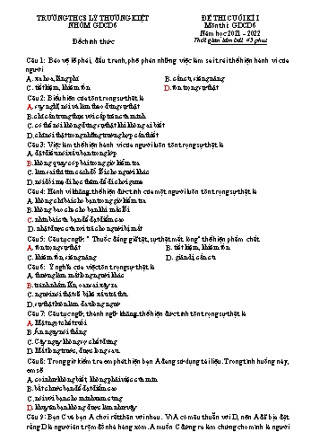 Đề thi cuối kì I môn Giáo dục công dân Lớp 6 - Năm học 2021-2022 - Trường THCS Lý Thường Kiệt (Có đáp án)