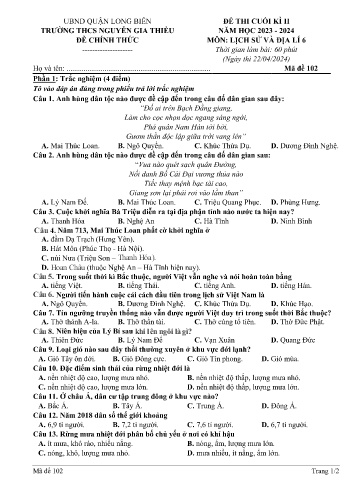 Đề thi cuối kì II môn Lịch sử và Địa lí Lớp 6 - Năm học 2023-2024 - Trường THCS Nguyễn Gia Thiều - Mã đề 102