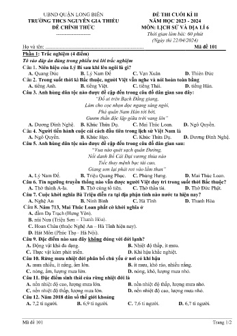 Đề thi cuối kì II môn Lịch sử và Địa lí Lớp 6 - Năm học 2023-2024 - Trường THCS Nguyễn Gia Thiều - Mã đề 101