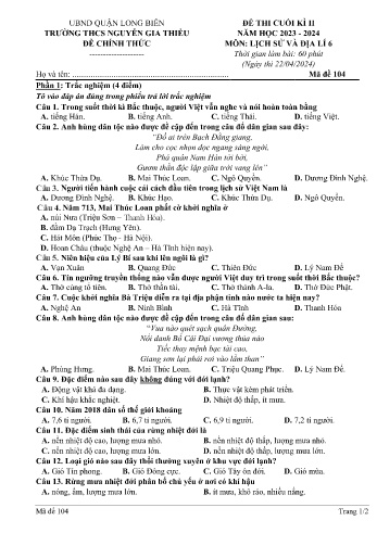 Đề thi cuối kì II môn Lịch sử và Địa lí Lớp 6 - Năm học 2023-2024 - Trường THCS Nguyễn Gia Thiều - Mã đề 104