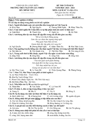 Đề thi cuối kì II môn Lịch sử và Địa lí Lớp 6 - Năm học 2023-2024 - Trường THCS Nguyễn Gia Thiều - Mã đề 103