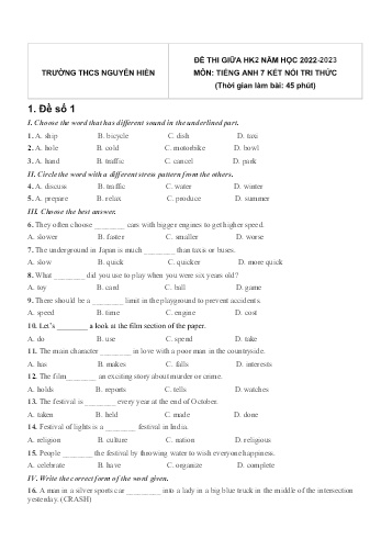 Đề thi giữa học kì 2 môn Tiếng Anh Lớp 6 (Kết nối tri thức và cuộc sống) - Năm học 2022-2023 - Trường THCS Nguyễn Hiền (Có đáp án)