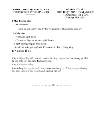 Đề thi giữa kì II môn Hoạt động trải nghiệm, hướng nghiệp Lớp 6 - Năm học 2023-2024 - Trường THCS Lý Thường Kiệt